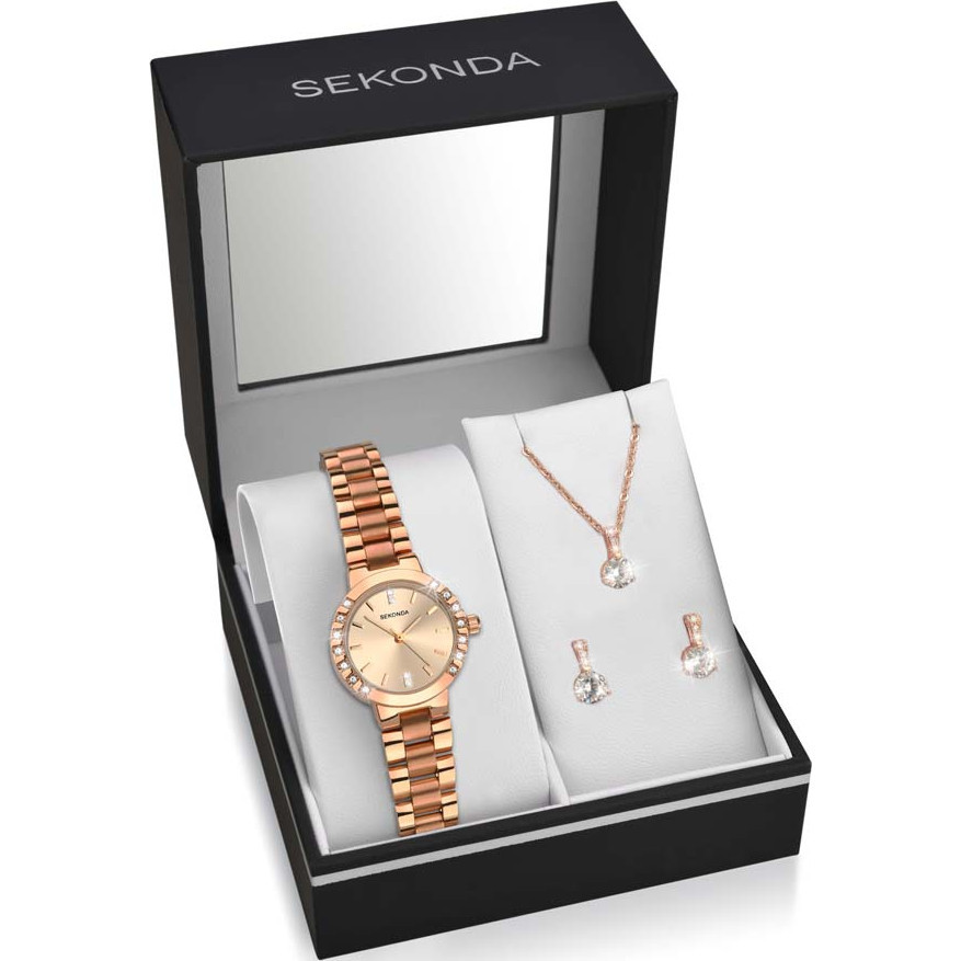 Sekonda 2354G Rose Gold Ladies Watch Necklace Earrings Gift Set
