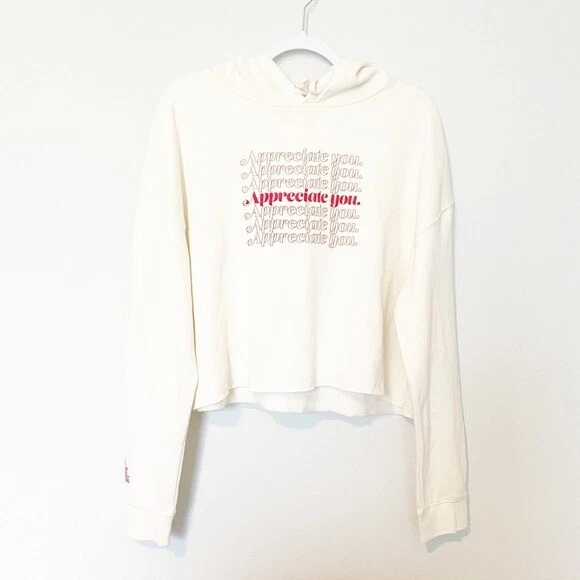 OFF WHITE Felpa con cappuccio Mr. Eatwell Apprezzate You Familiar Crop in crema formaggio taglia Large