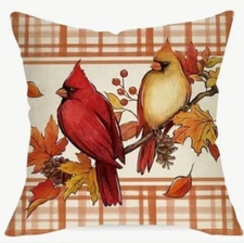 Cardinal Fall Leaves Pumpkin Throw Pillow Cover Winter Holiday Home Decor 18”