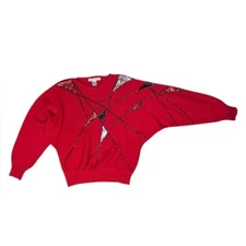 90s Sarah Taylor Red Sequin Geometric Sweater M Silk Angora Glam Batwing Retro