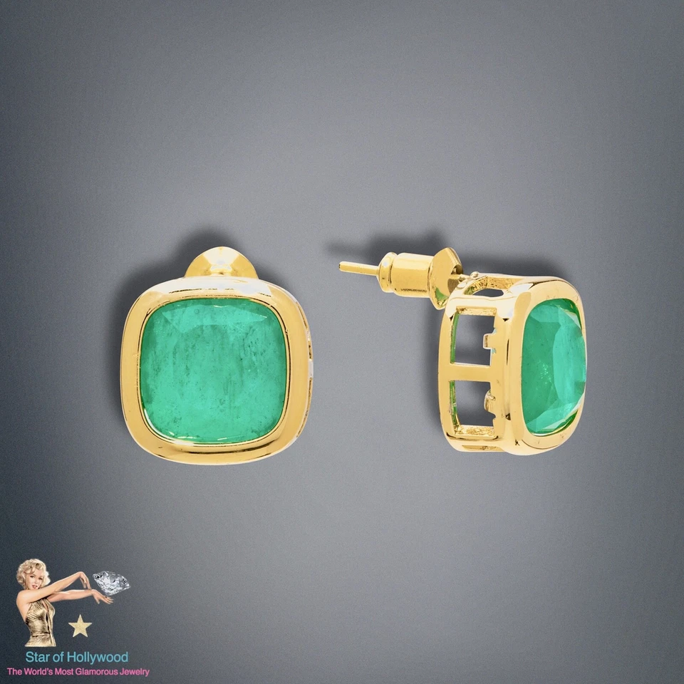 Aretes unisex de oro amarillo de 18k Vermeil, esmeraldas naturales Foto 3 de 4