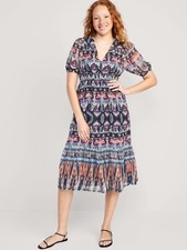 NWT Old Navy Waist Defined V-Neck Midi Dress Women’s Size XL Navy Multi Chiffon