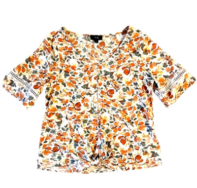 Medium Floral Top Blouse AGB Elbow Sleeve Textured Tie/Button Front