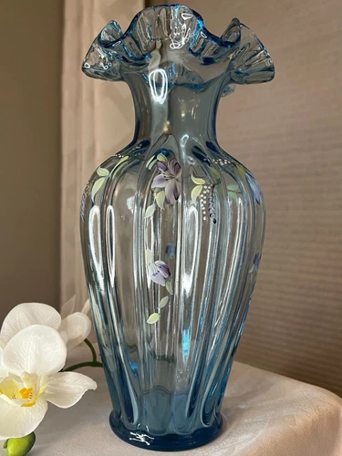 FENTON ICE BLUE MELON VASE HAND PAINTED PURPLE AND WHITE DELICATE FLOWERS