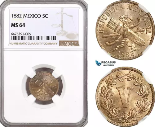 AH82, Mexico, 5 Centavos 1882, NGC MS64