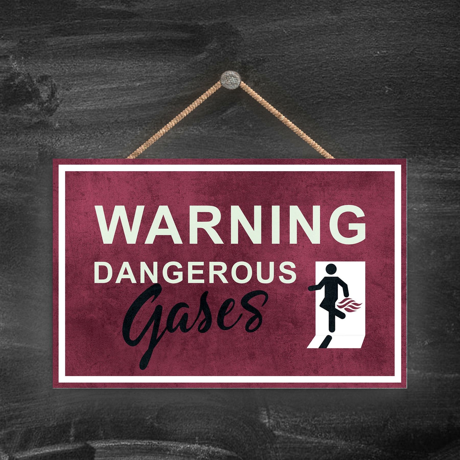 WARNING DANGEROUS GASES, MALE STICK PERSON RED EXIT SIGN ON A PLAQUE