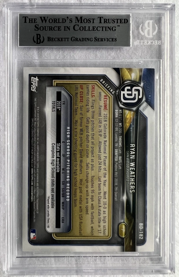 2018 BOWMAN DRAFT #BD182 RYAN WEATHERS AUTHENTIC AUTOGRAPH Beckett - Image 3 of 3