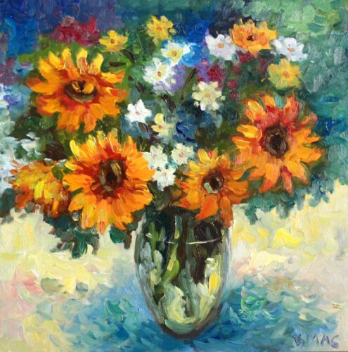Girasoles pintura al óleo flores impresionismo naturaleza muerta arte coleccionable 12x12  - Imagen 1 de 4