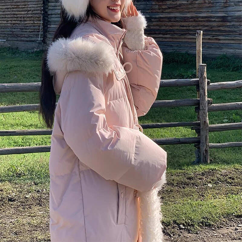 Winter Womens Girls Sweet Pink Hooded Fur Trim White Down Jackets