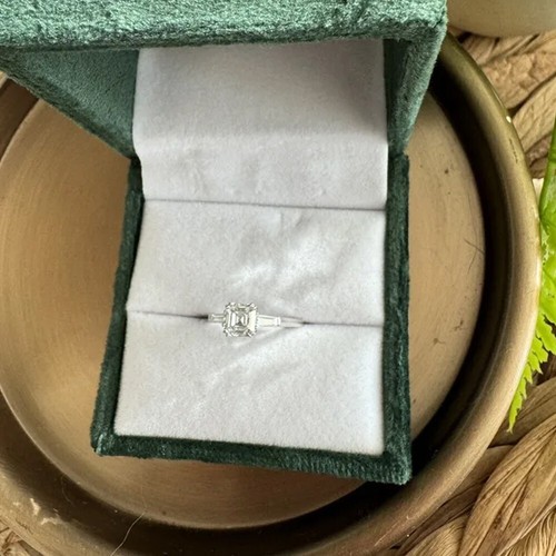 1.88Ctw Asscher Cut Moissanite Three Stone Engagement Ring 14K White Gold Plated - Picture 3 of 8