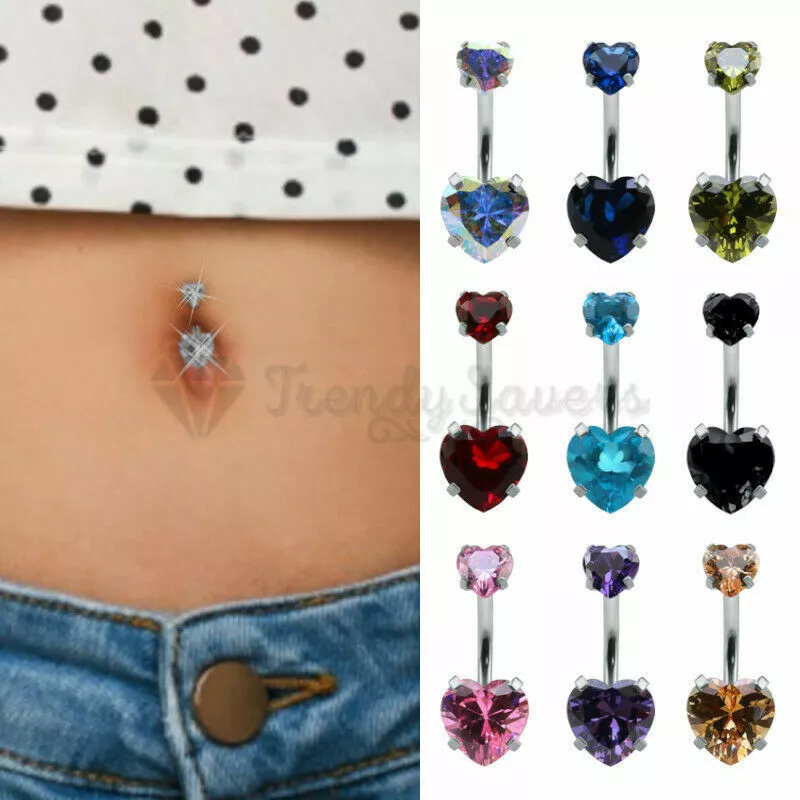 Sparkling CZ Crystal Double Heart 16 Gauge Belly Button Navel Ring