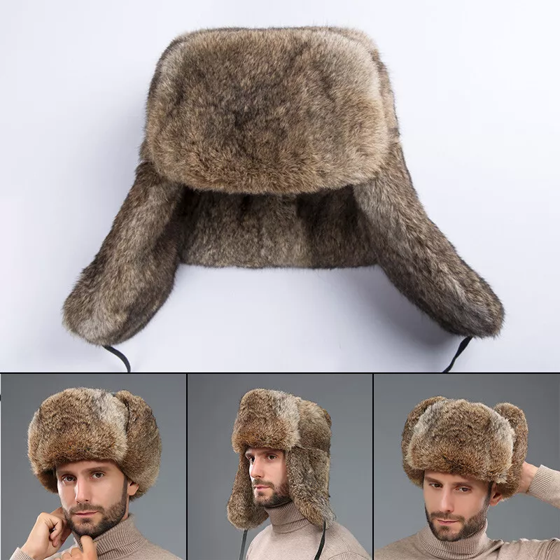 NEW Men Rabbit FUR Trapper hat Snow Caps Ushanka Russian style hat