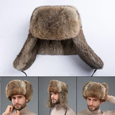 Men Real Genuine Rabbit Fur Hat Russia Trapper Earflap Ski Cap Windproof Ushanka