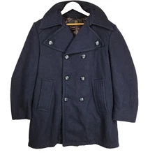 Vintage Zero King Mens Pea Coat Mens 42 Blue Wool Blend Military Fall Winter