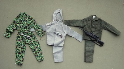 Vintage Gi Joe AT Uniforms X3, VG/Excellent w/ round tip Jungle Ordeal Knife