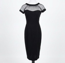 Maggy London Black Illusion Mesh Sheath Dress Size 6 Cap Sleeve Midi Cocktail