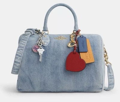 NWT Coach Rowan Large Satchel Bag In Loved Faded Denim With Heart Charms CDY75