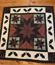 Hand Quilted Twinkle Star Holly Plaid Wall Hanging Throw Green Red Beige