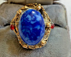 Vintage Gold Plated Marbled Blue Cabochon & Red Rhinestone Ring-Size 9/Adj — photo 2