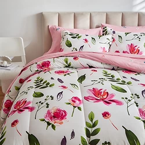 Juego Edredón Floral 7 Piezas Blanco con Hojas Verdes Flores Rosa Cama en un - Imagen 6 de 7