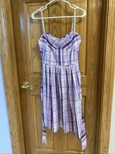 Loft Ann Taylor Purple Checked Belted Cotton SunDress W Side Zip Size 4