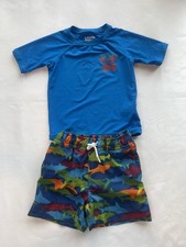 Lands' End Boys 2T 2pc Swim Set Blue Swim Shirt  Shark Trunks Drawstring