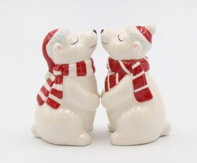 Fine Ceramic Christmas Holidays Polar Bear Couple Wearing Santa's Hat and Sca...