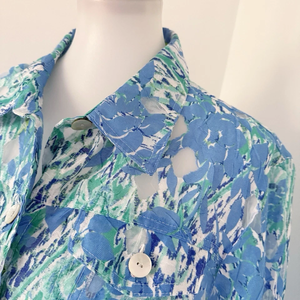 Ruby Rd Button Front Linen Blend Semi Sheer Roll Tab Sleeve Jacket Top Shirt 18 - Image 3 of 4