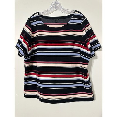 Talbots Striped Top Womens 2X Black Red Blue Ribbed Knit Boat Neck Short Sleeve
