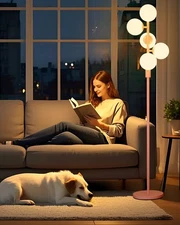 Dimmable Brightness Adjustable Globe Floor Lamp Retro Pink Pole Standing Lamp...
