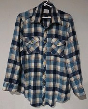 Vintage 70's Sears Flannel Shirt Mens L 16-16 1/2 Blue Plaid 100 Acrylic