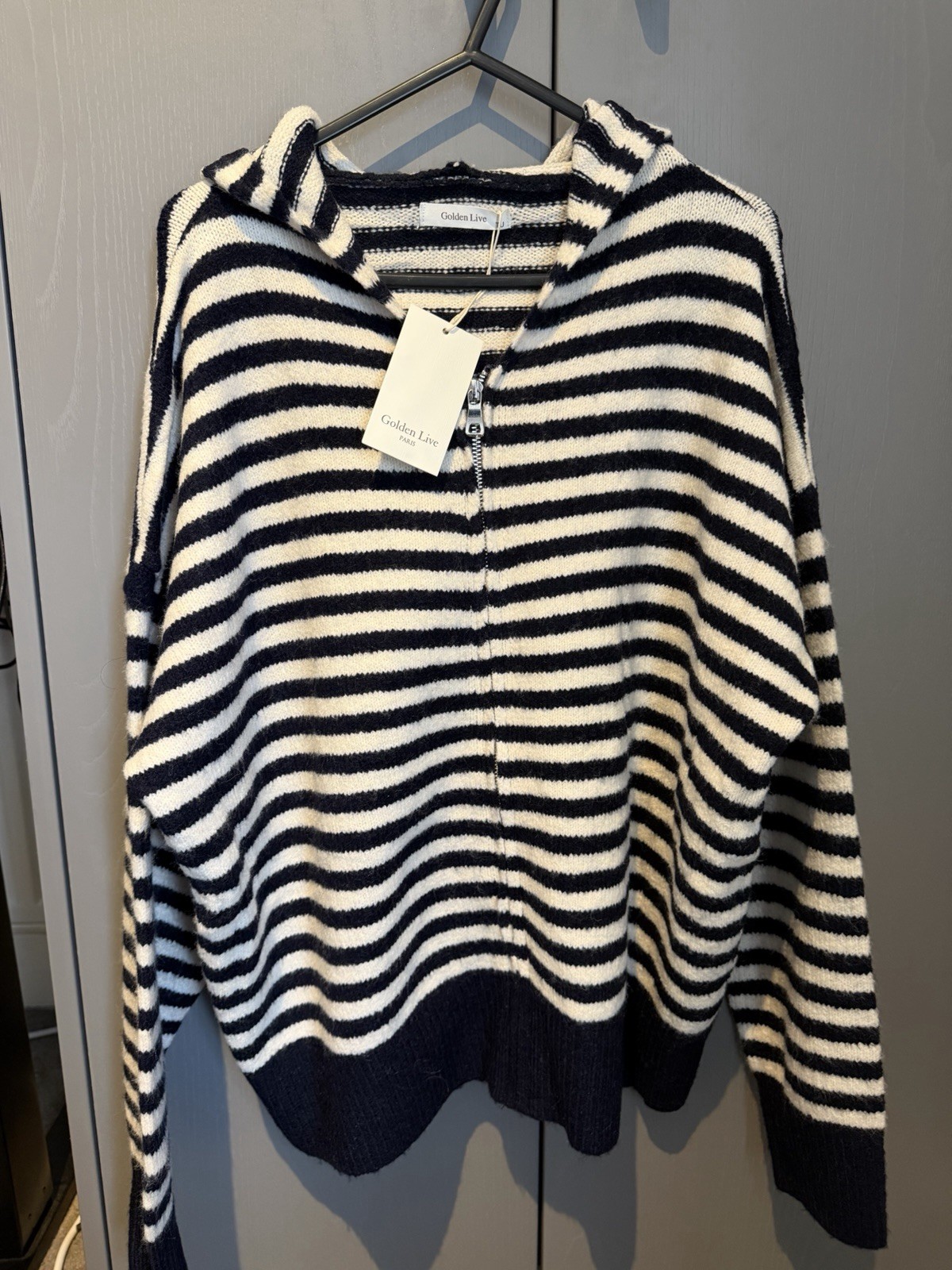 Glamify Boutique Women’s Navy/Cream Striped Hooded Half Zip Knit Jumper One Size