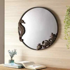 Cast Iron And Glass Round Shape Coastal Theme Seahorse And Sea Life Wall Mirror