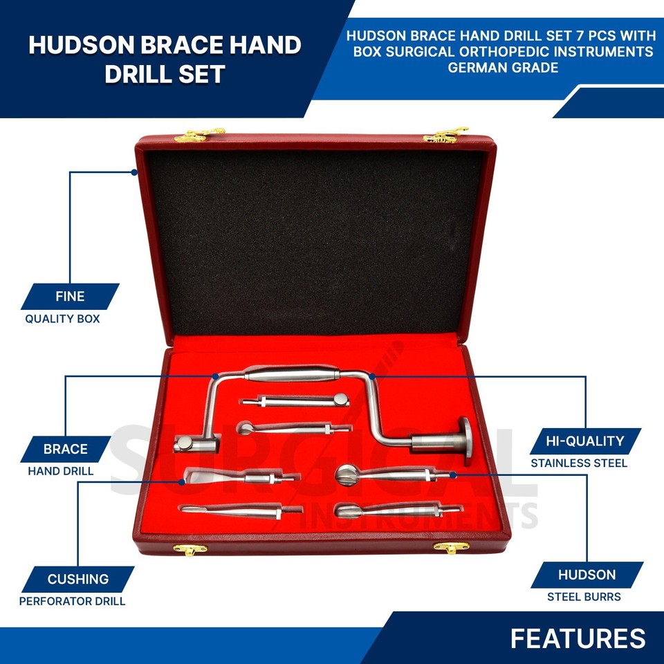 7 Pcs Hudson Hand Drill Brace Set With FREE Case Orthopedic Instrument ...