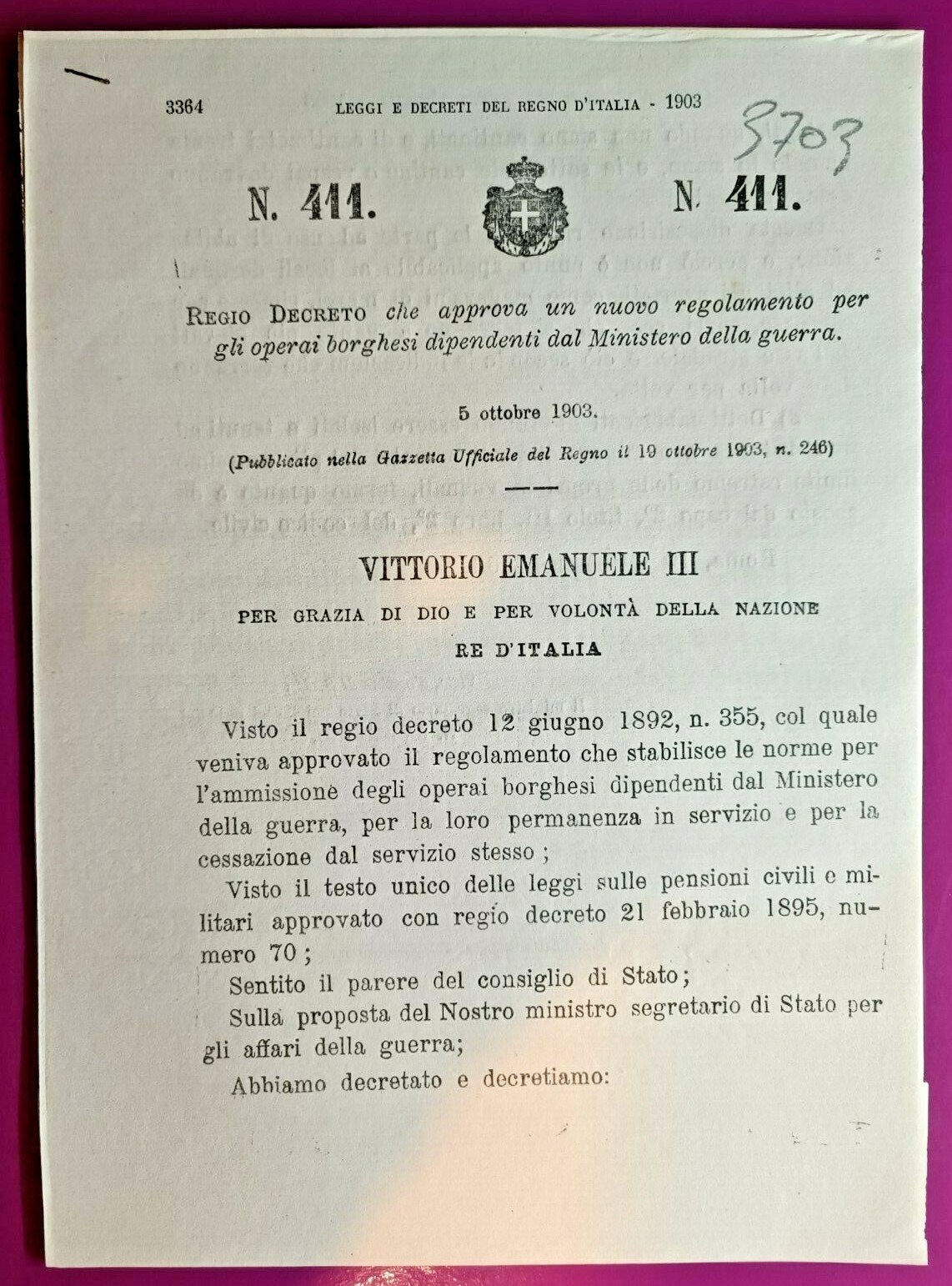 MINISTERO DELLA GUERRA,REGIO DECRETO X REGOLE OPERAI BORGHESI-R@RO-3703