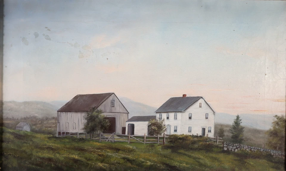 Подлинная винтажная картина маслом - Ферма Новой Англии в сумерках - Деревенский пейзаж - Изображение 2 из 4