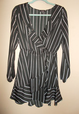 Express Womens Size S Black White Striped Dress V-Neck Long Sleeves Wrap Skirt