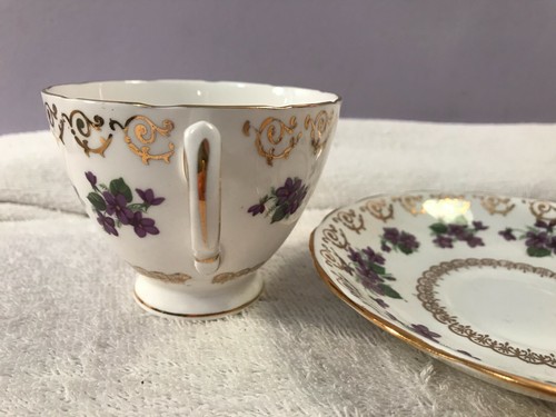 Tazza da tè e piattino Colclough England fiori viola disegni oro OH3724 - Foto 3 di 8