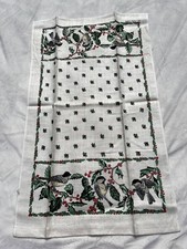 Vintage Pure Linen Kitchen Tea Towel Holly & Birds Holiday Winter Christmas