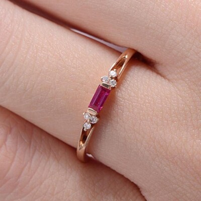 0.45 Ct Natural Beguette Cut Ruby & Diamond Engagement Ring 14k Solid Rose Gold