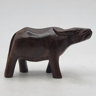 Vintage Hand Carved Wood Carabao Water Buffalo Bull Ox Miniature Figurine 2''READ