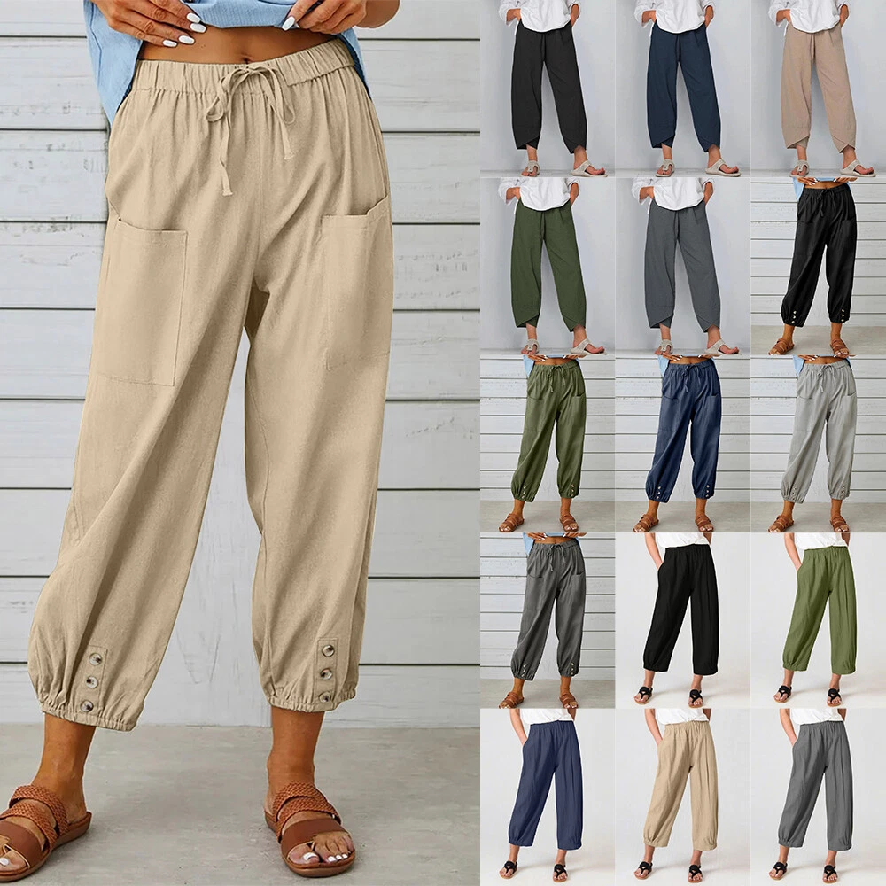 Womens Cotton Linen Cropped Trousers Ladies Summer Baggy Wide Leg Harem Pants