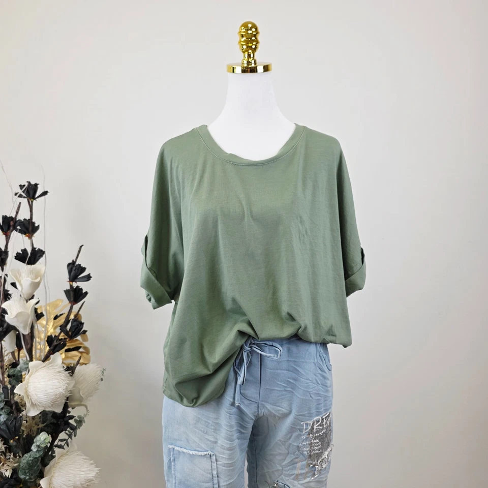 Damen Basic Shirt Größe 38 40 42 44 Italy T-Shirt Olive Jersey Tunika - Bild 2 von 4