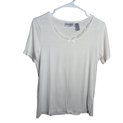 Jaclyn Smith T-Shirt Women's Medium Cream Round Neck Lace Bow Short Sleeve Tee