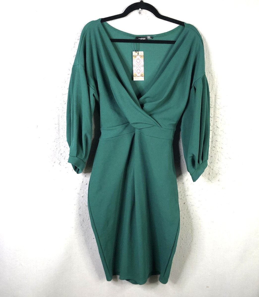 Boohoo Dress Womens 16 Emerald Off Shoulder Wrap Midi Tie Waist Balloon Sleeve