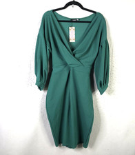 Boohoo Dress Womens 16 Emerald Off Shoulder Wrap Midi Tie Waist Balloon Sleeve