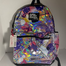Justice Girls 17" Laptop Backpack Iridescent Silver Multi-Color Splatter