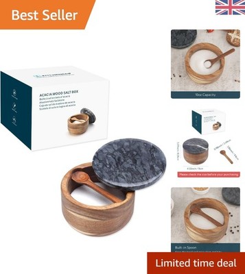 Eleganter Akazien-Salzkeller mit schwarzem Marmordeckel und integriertem Löffel, 10 Unzen