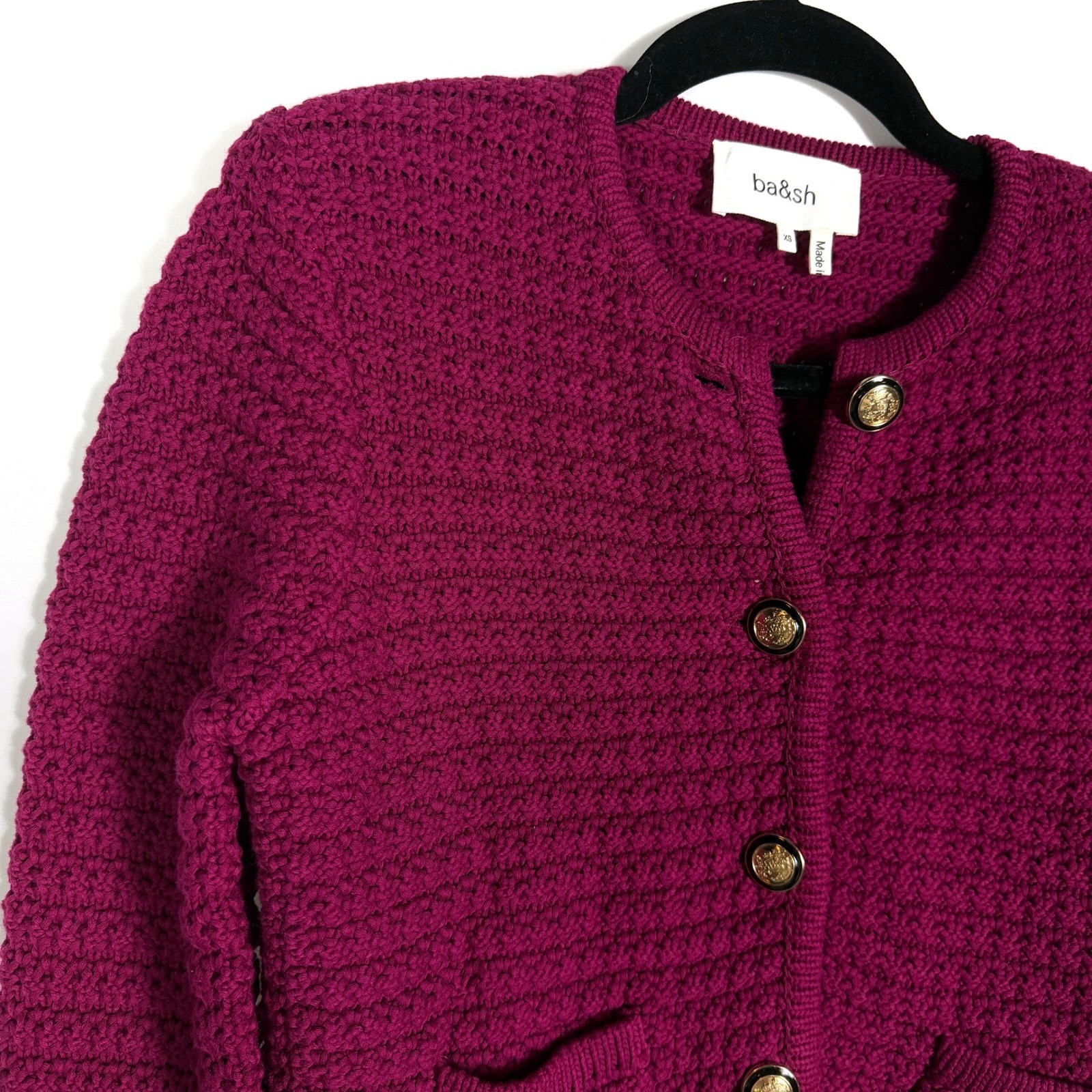 ba&sh Gaspard Cardigan Fuchsia Pink Textured Gold Button Lady Jacket Sz XS image 3