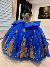 Luxury Royal Blue Quinceanera Dresses Gold Appliques Sweet 16 Party Ball Gown
